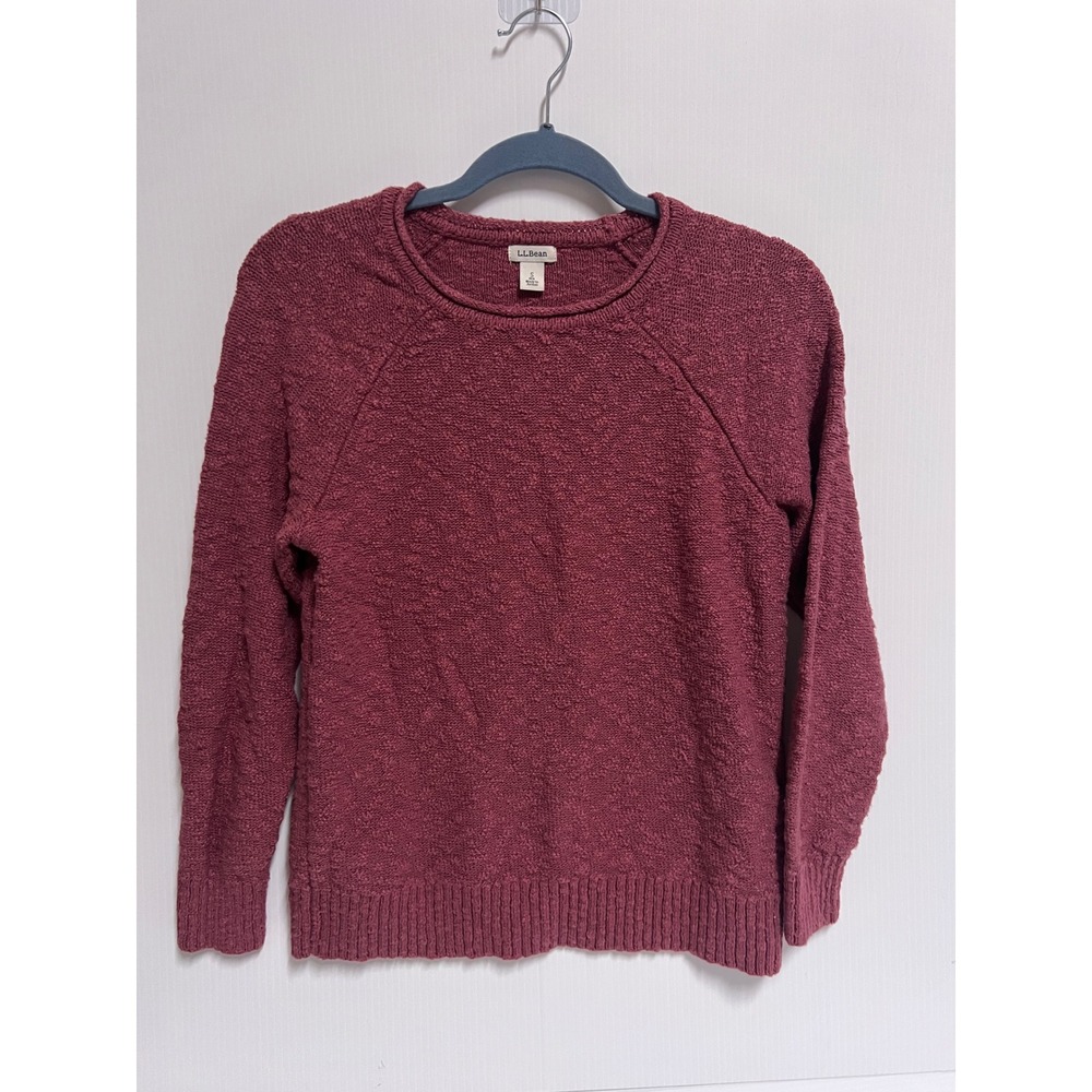 LL Bean Womens Cotton Raglan Sweater Burgundy Wine Textured Knit Small